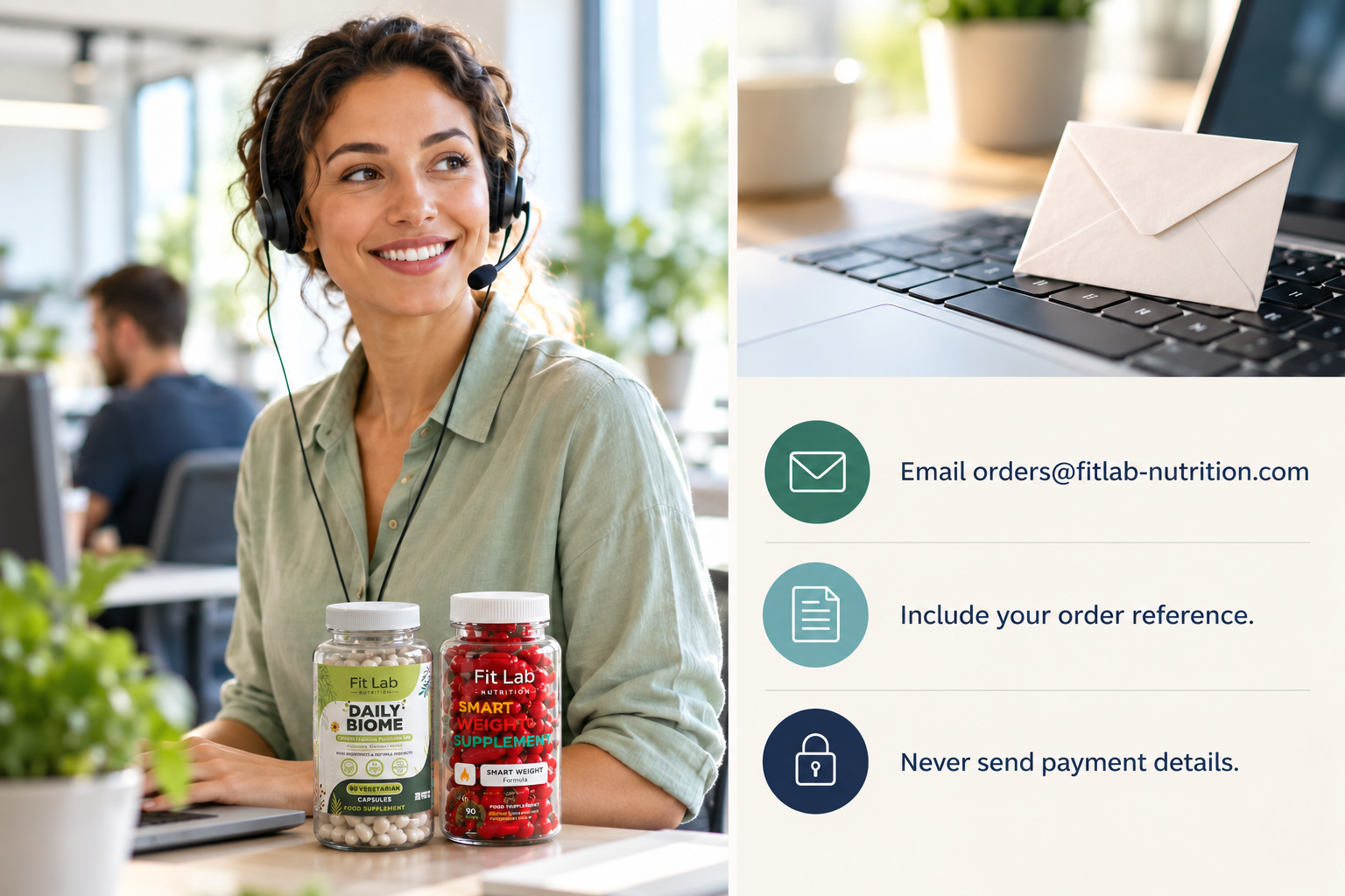 Customer support infographic: email orders@fitlab-nutrition.com, include your order reference, and never send payment details.